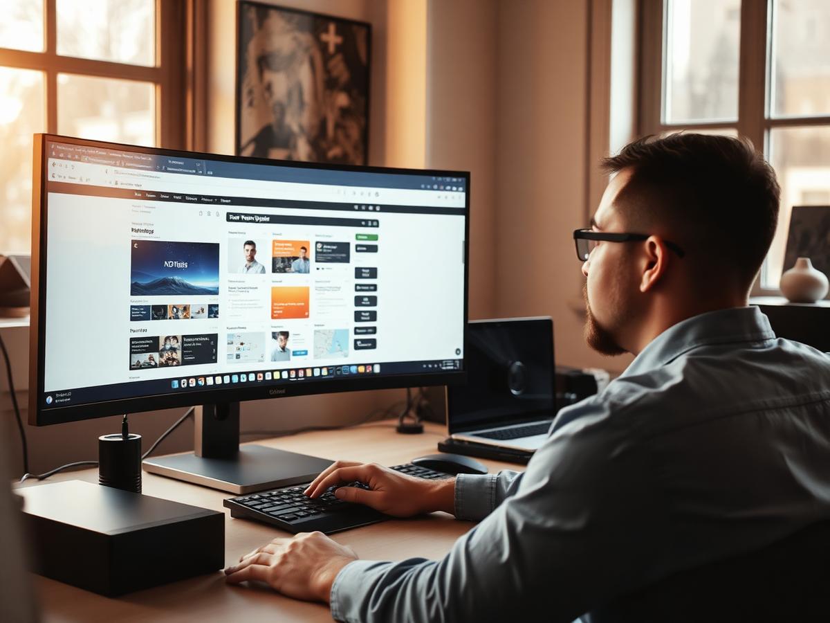 A designer reviewing a website layout on a large monitor