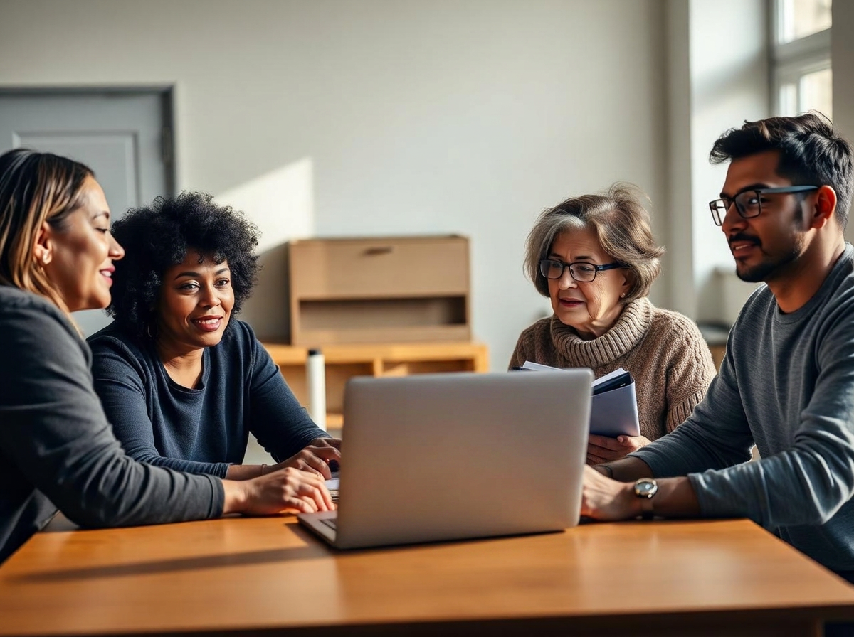 A nonprofit team working together around a table with laptops and notebooks